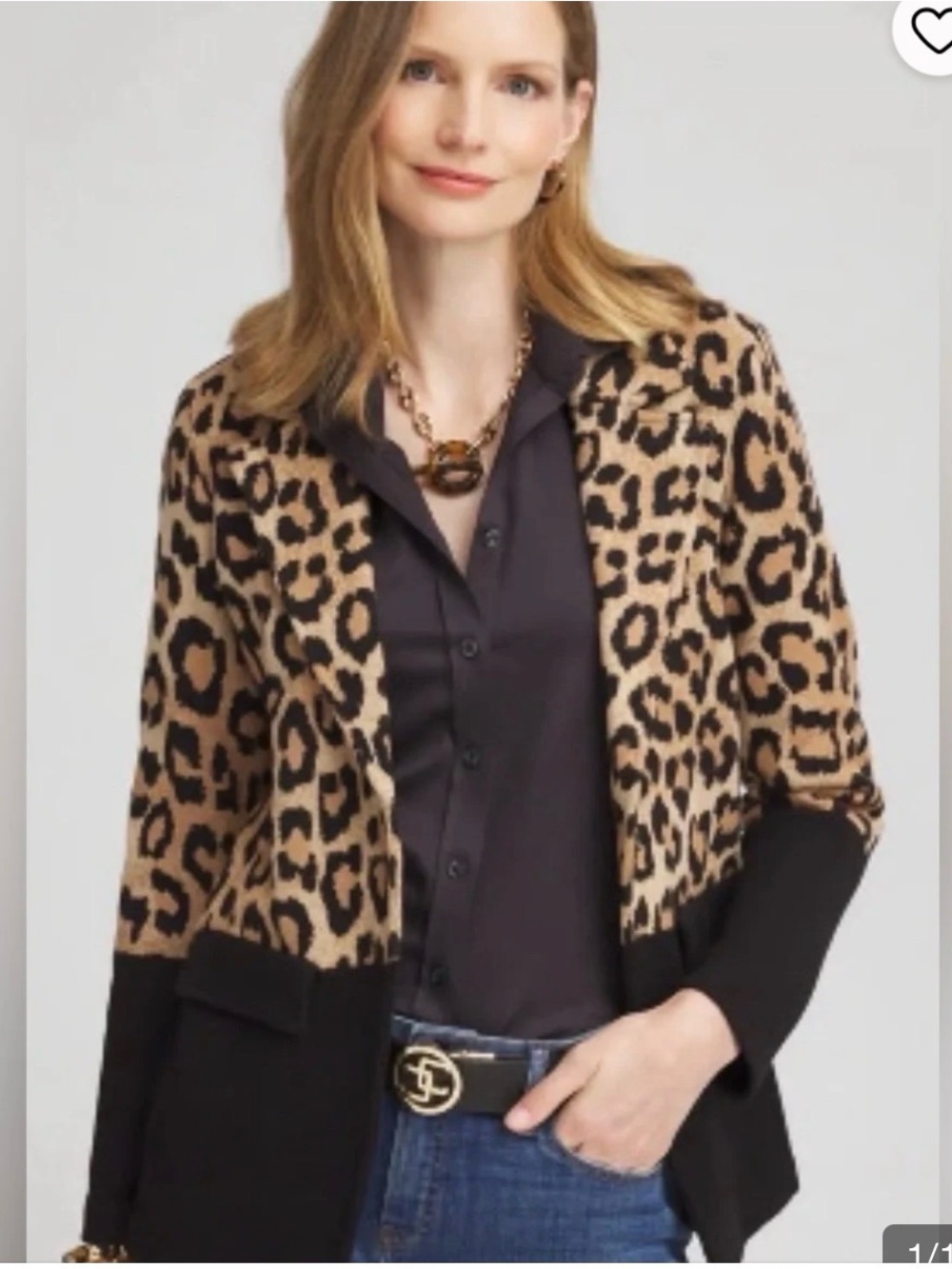 Chico’s Leopard Print Open-Front Jacket in Tan & Black size 1. Medium